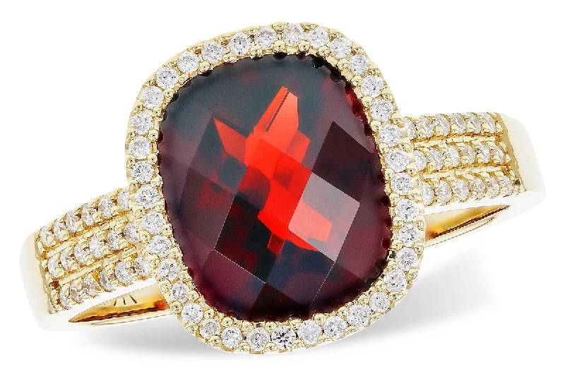 14K Yellow Gold 3.43ctw Cushion Garnet & Diamond Halo Ring by Allison Kaufman