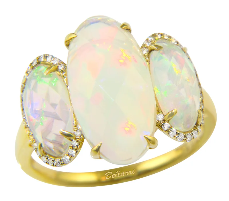 14K Yellow Gold 4.82ctw Oval Opal & Diamond Three Stone Ring by Bellarri