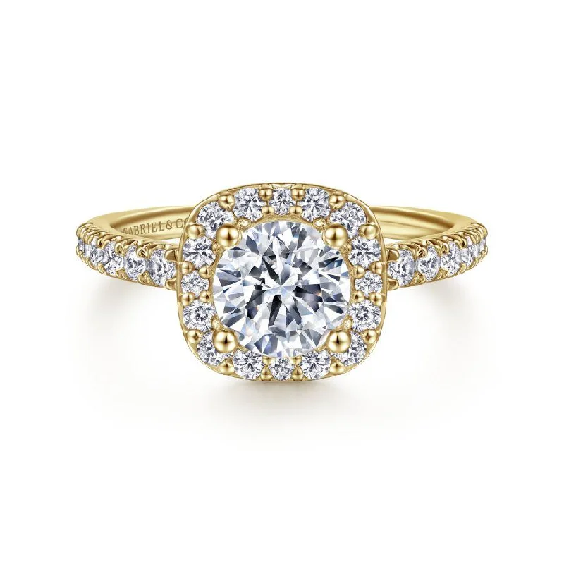 14K Yellow Gold Cushion Halo Round Diamond Engagement Ring