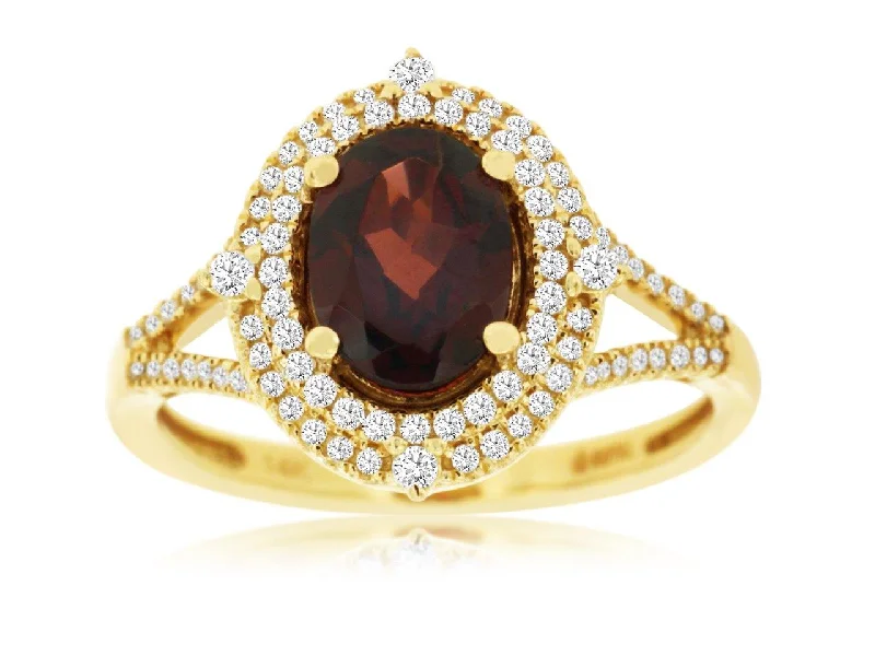 14K Yellow Gold Garnet and Diamond Double Halo Ring