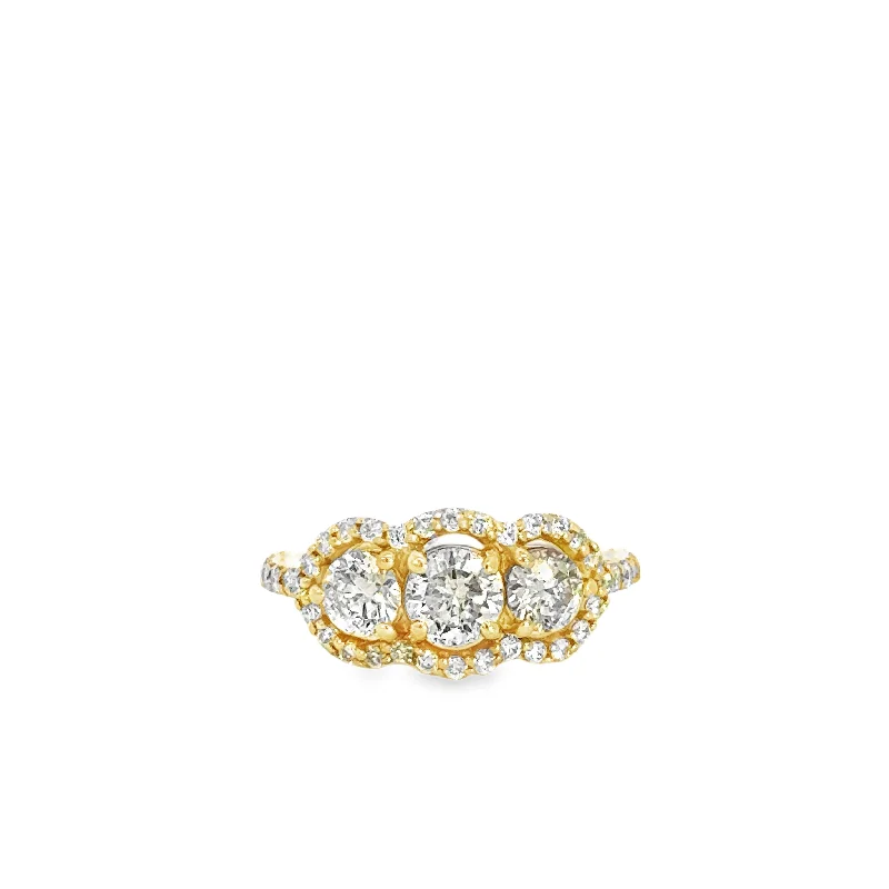 14K Yellow Gold Three-Stone Round Diamond Continuous Halo Ring