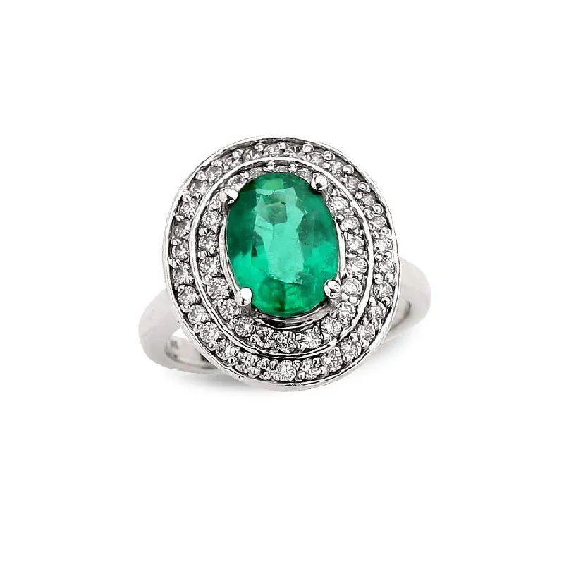 14KT WHITE GOLD EMERALD AND DIAMOND RING