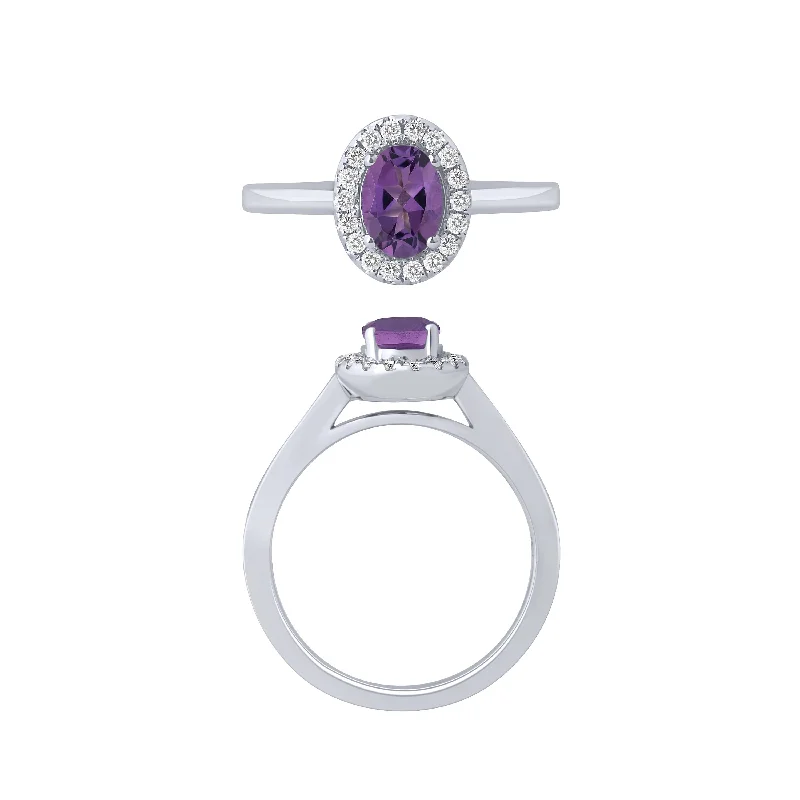 14K White Gold Amethyst And Diamond Halo Ring