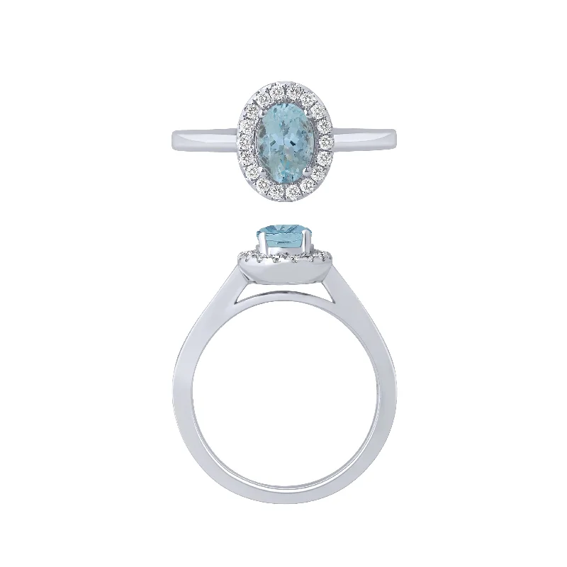 14K White Gold Aquamarine And Diamond Halo Ring