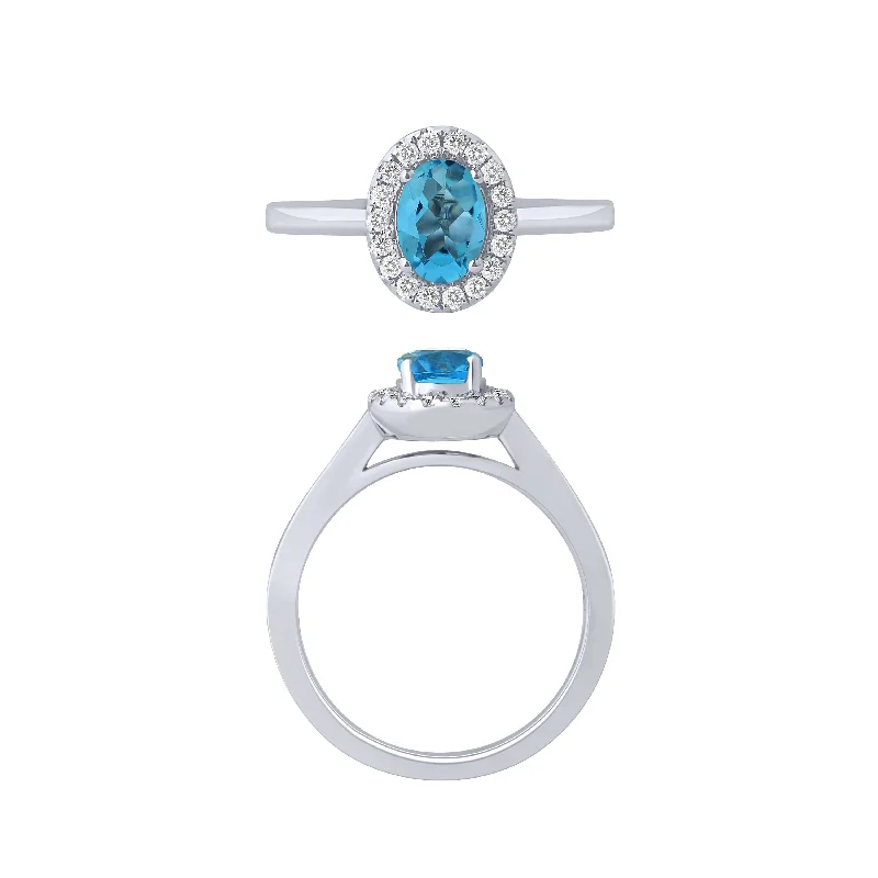 14K White Gold Blue Topaz And Diamond Halo Ring