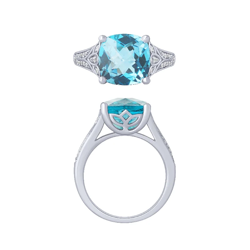 14K White Gold Cushion Aqua And Diamond Ring