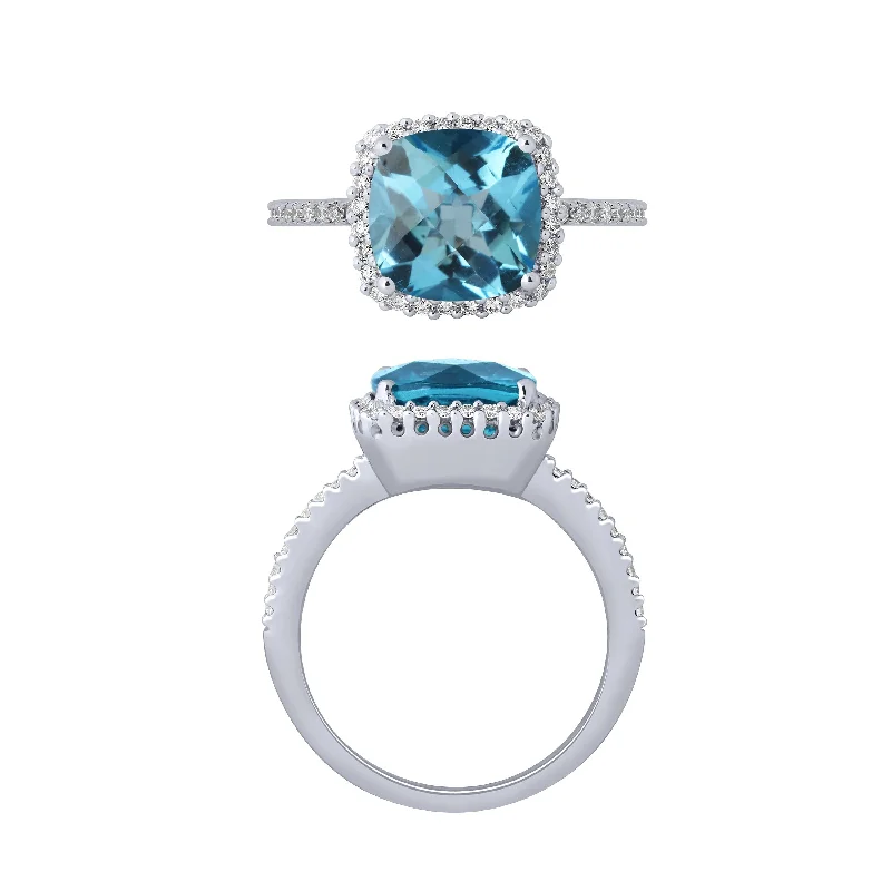 14K White Gold Cushion Topaz Halo Ring