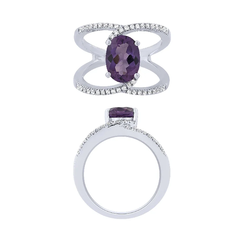 14K White Gold Diamond And Amethyst Fashion Ring