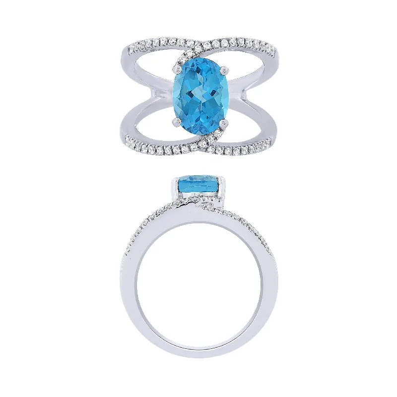 14K White Gold Diamond And Blue Topaz Fashion Ring