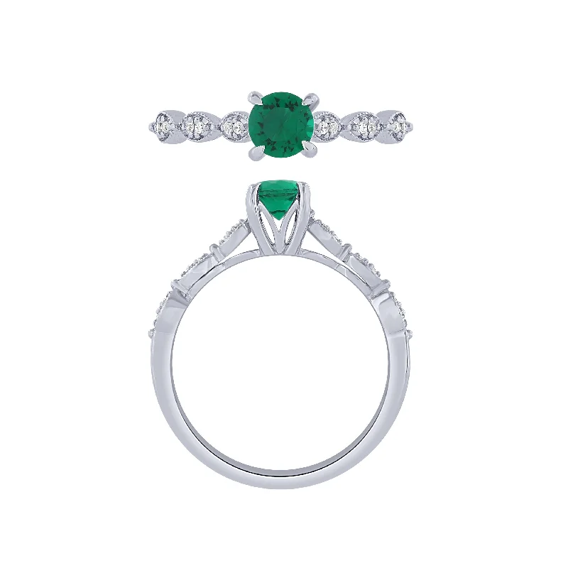 14K White Gold Diamond And Emerald Ring