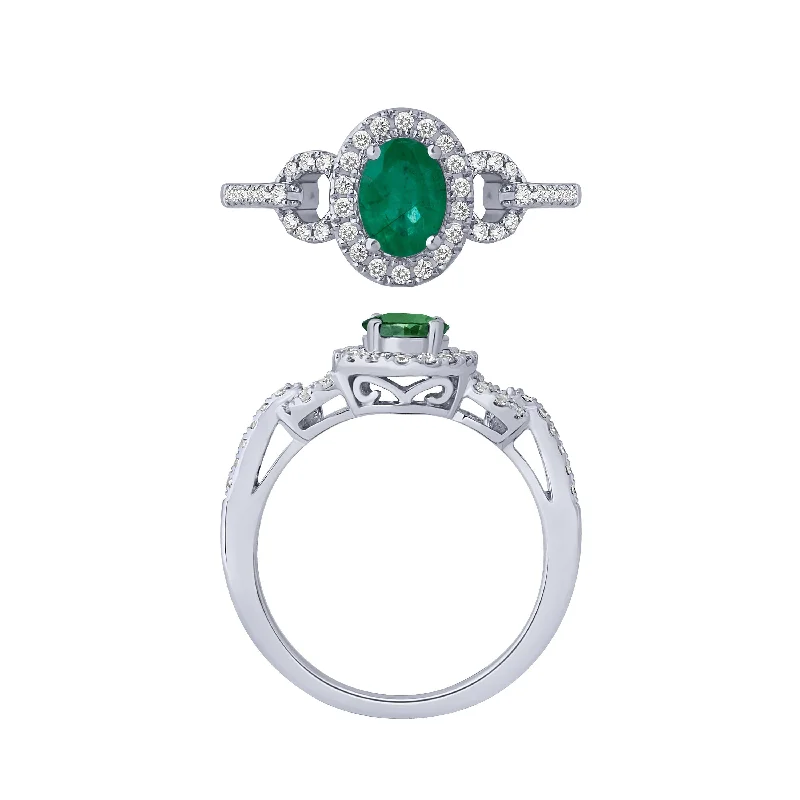 14K White Gold Emerald And Diamond Ring