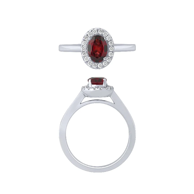 14K White Gold Garnet And Diamond Halo Ring