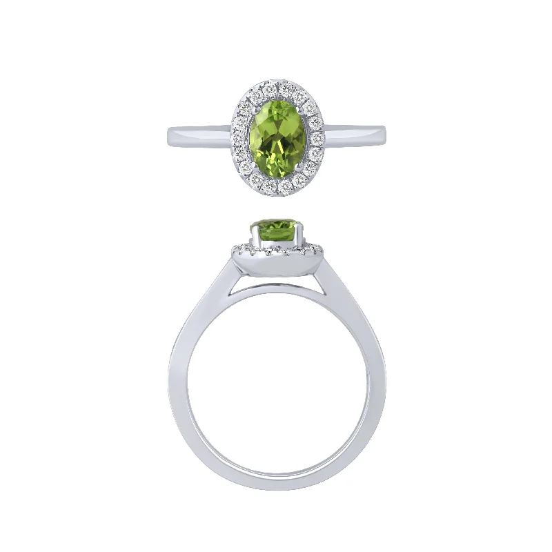 14K White Gold Peridot And Diamond Halo Ring