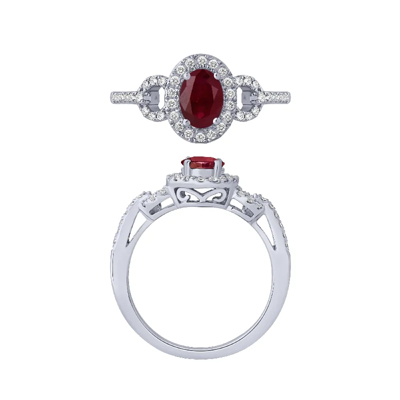 14K White Gold Ruby And Diamond Ring Oval Ruby Center