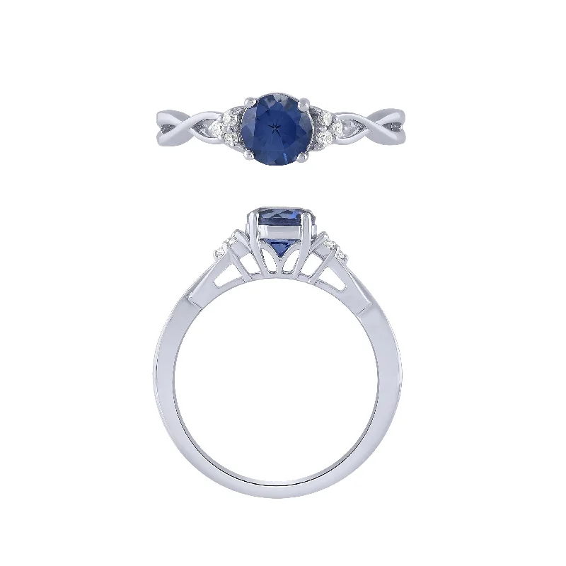 14K White Gold Sapphire And Diamond Ring With Twist Sides