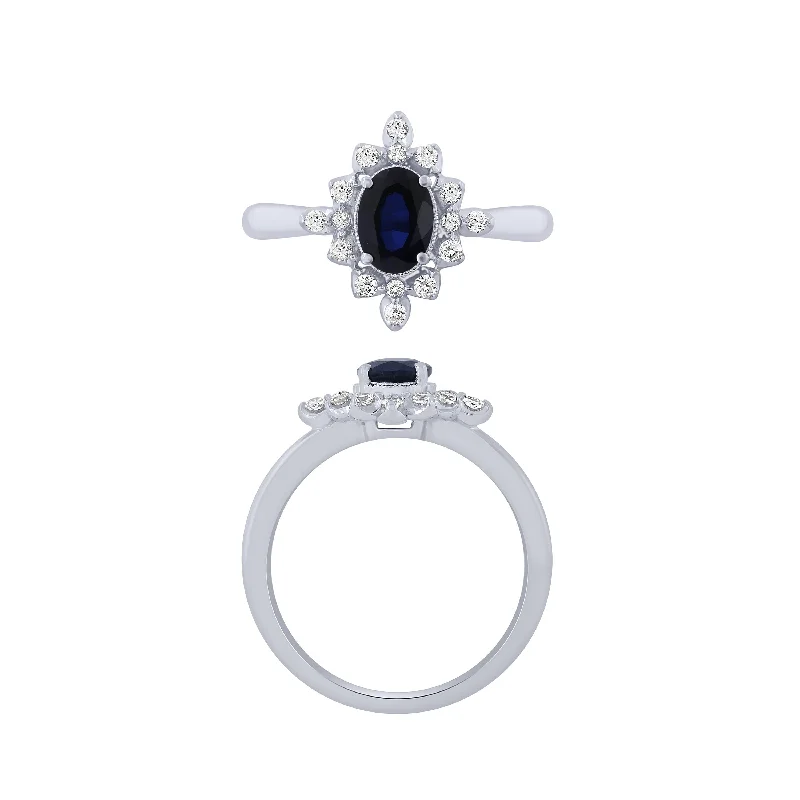 14K White Gold Sapphire And Diamond Ring With 1.00Ct Center Oval Blue Sapphire