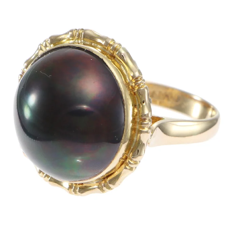 16mm Large Tahitian Black Peal Cocktail Ring 18k Yellow Gold Estate