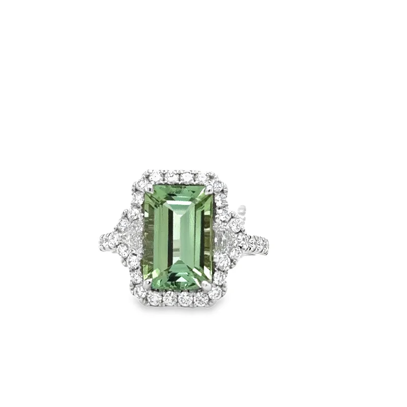 18K White Gold Green Tourmaline and Diamond Halo Ring