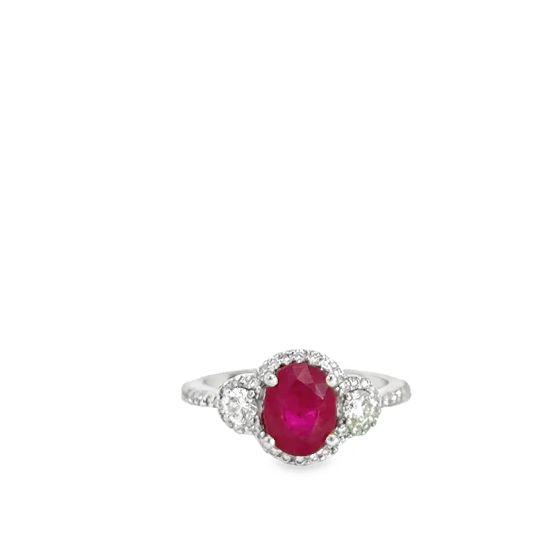 18k White Gold 1.48ct Ruby & Diamond Three-Stone Halo Ring