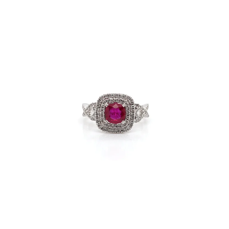 18k White Gold Ruby Ring with Double Halo