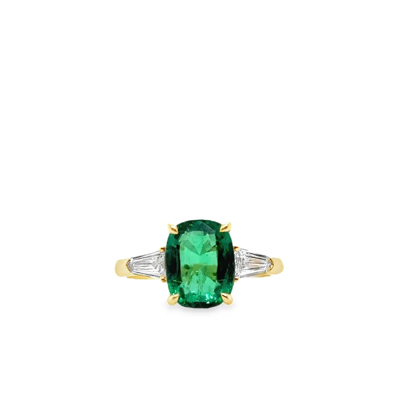 18K Yellow Gold Emerald and Diamond Three Stone Ring