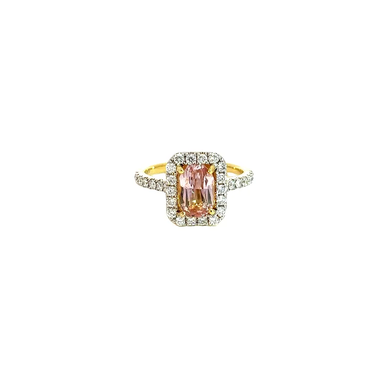 18K Yellow Gold Padparadscha Sapphire and Diamond Halo Ring