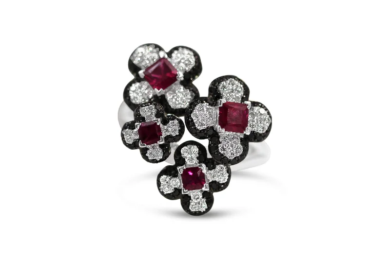 18KT WHITE GOLD DIAMOND AND RUBY FLOWER RING