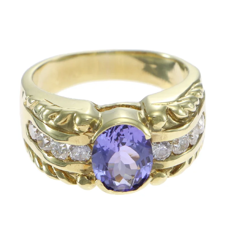 2.12ctw Oval Shape Tanzanite Diamond Cocktail Ring Ribbed 18k Yellow Gold Womens