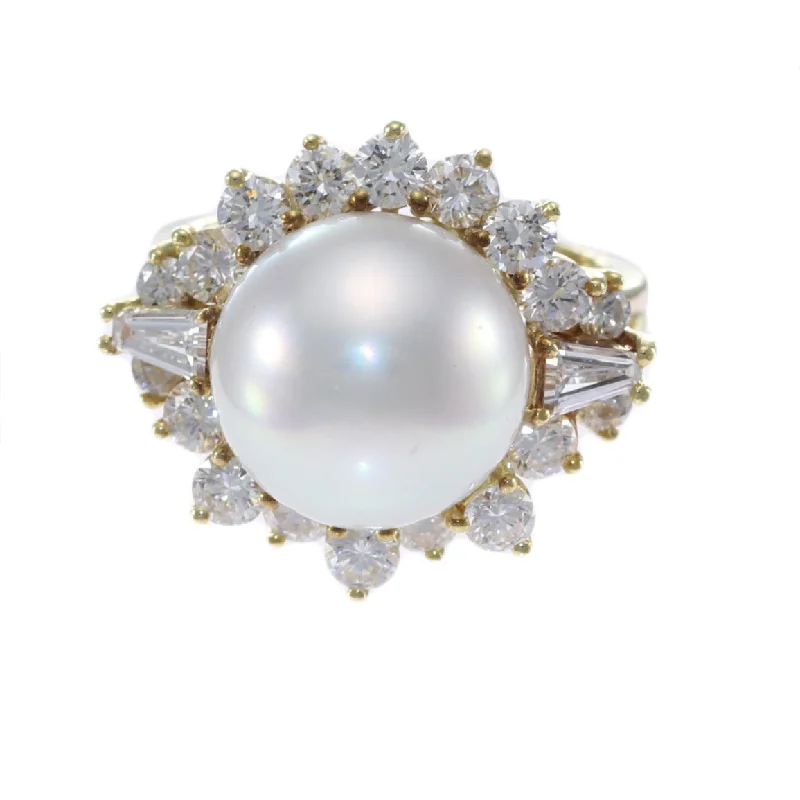 2.8CTW Baguette Diamond 12mm Pearl Cocktail Ring 18k Yellow Gold Womens 5.50