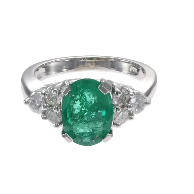 4.46CTW Oval Shape Natural Green Emerald Diamond Cocktail Ring 14k White Gold