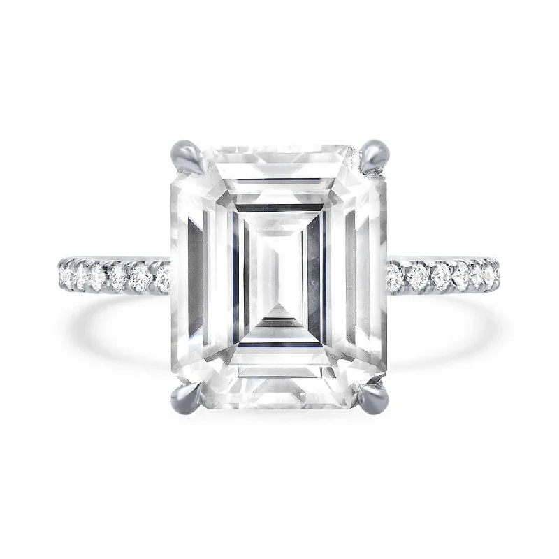 Charles & Colvard Emerald Cut Forever One Thin Pave Engagement Ring