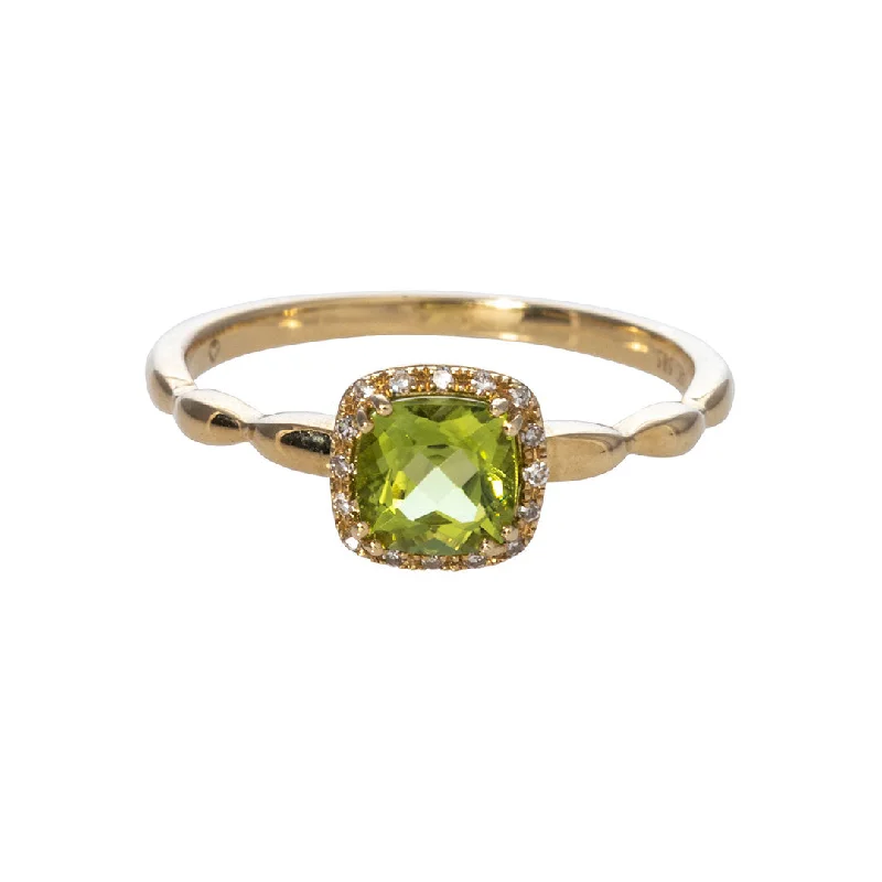 Cushion Peridot & Diamond Halo 14K Yellow Gold Ring