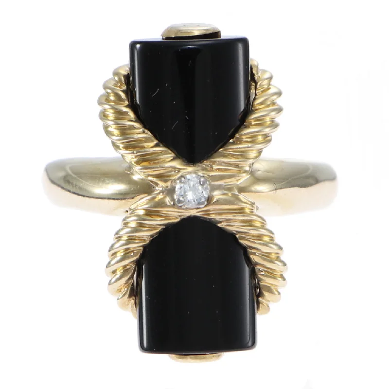 Diamond Black Onyx Bar Hugs Kisses Cocktail Ring Ribbed 14k Yellow Gold