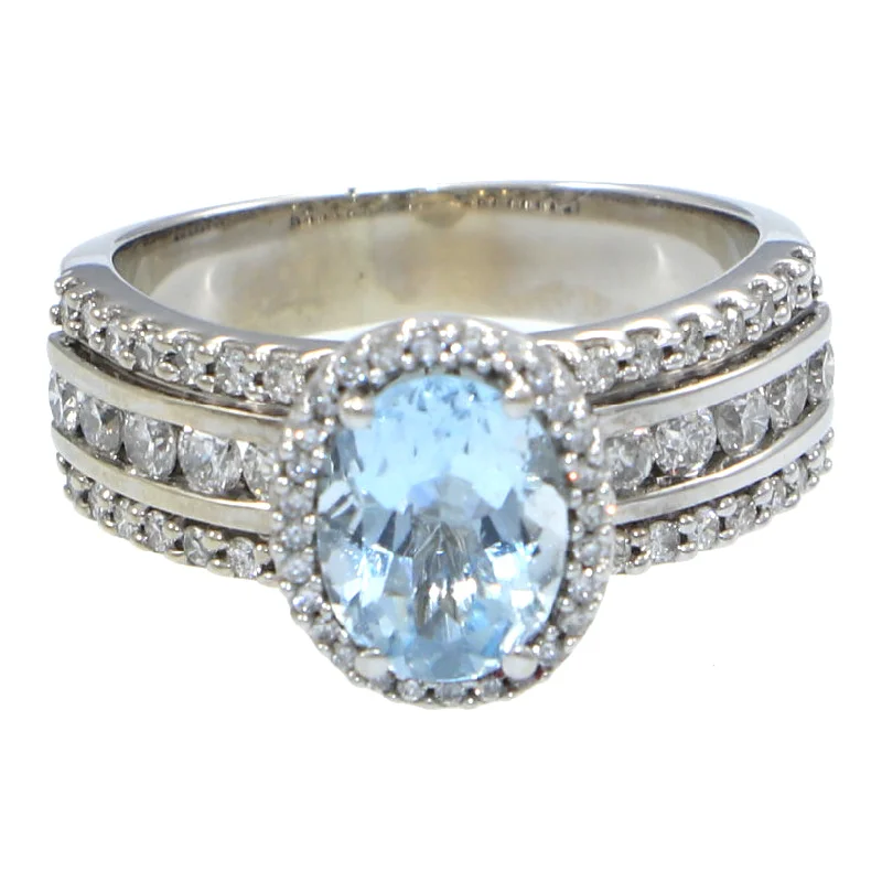 Effy Oval Aquamarine Diamond Halo Cocktail Ring 14k White Gold 2.10ctw Wide