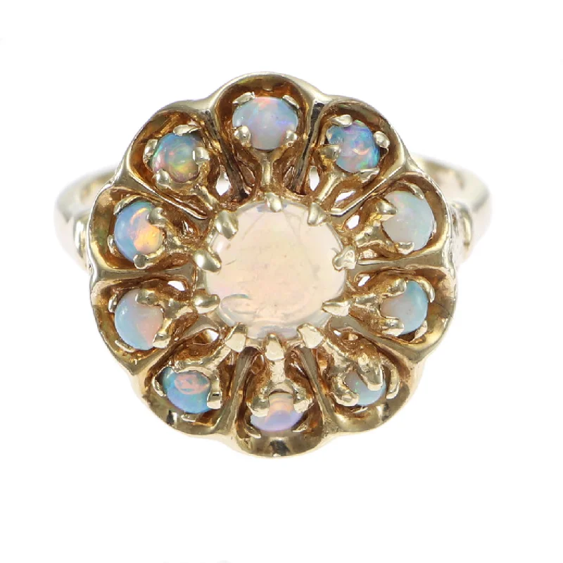 Fire Opal Flower Cluster Estate Cocktail Ring 14k Yellow Gold Womens