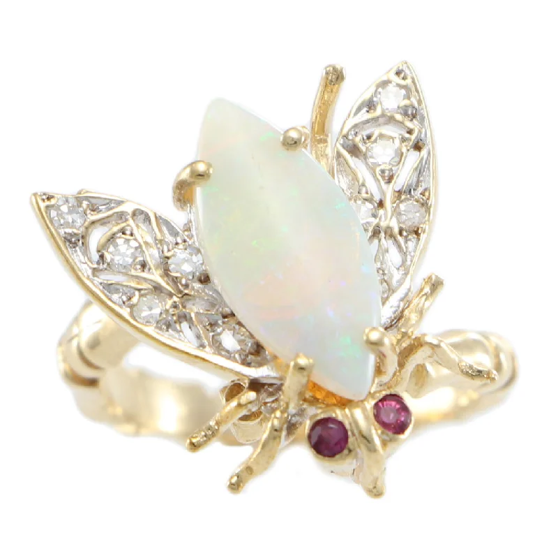 Fly BroochPin Detachable Ring Fire Opal Ruby Diamond ByPass Bamboo Band 14k Gold