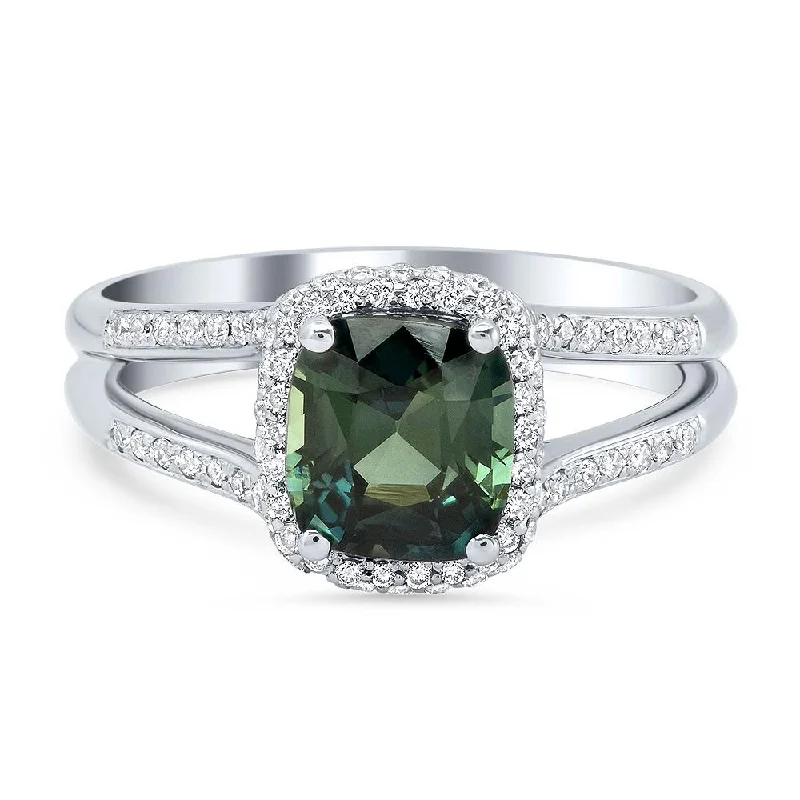 Green Sapphire Cushion Cut Diamond Halo Engagement Ring