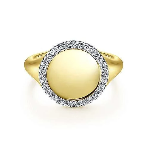 14K Yellow Gold Signet Ring with Diamond Halo