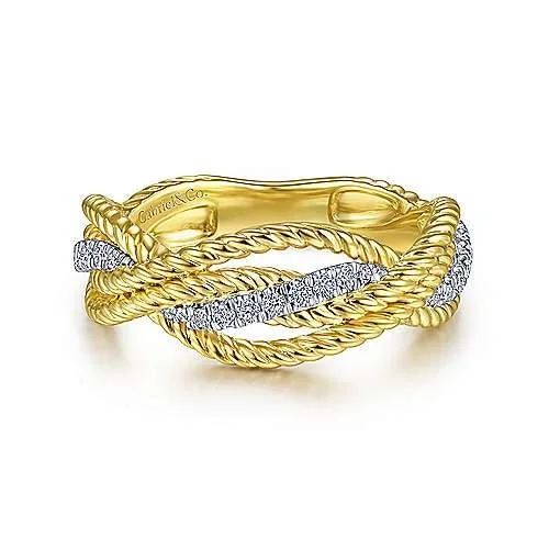 14K White-Yellow Gold Twisted Rope and Diamond Intersecting Ring