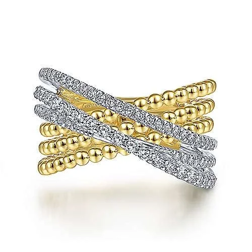 14K White-Yellow Gold Bujukan Ball and Diamond Criss Cross Ring