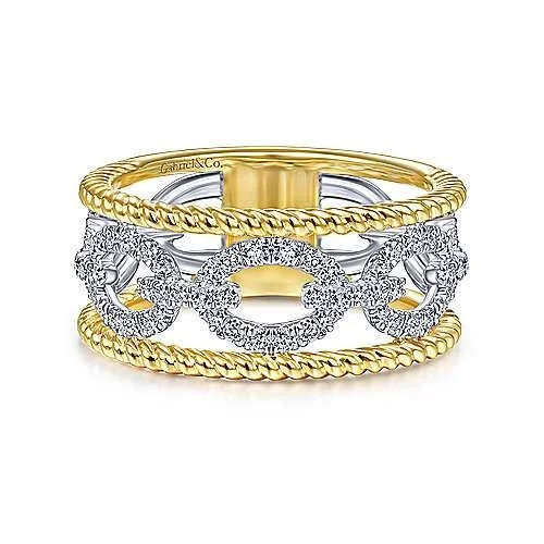 14K White-Yellow Gold Diamond Link and Twisted Rope Ring