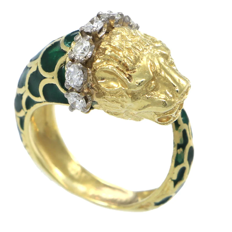 Lion Head Diamond Green Enamel Vintage Antique Wrap Ring 14k Yellow Gold 0.70ctw