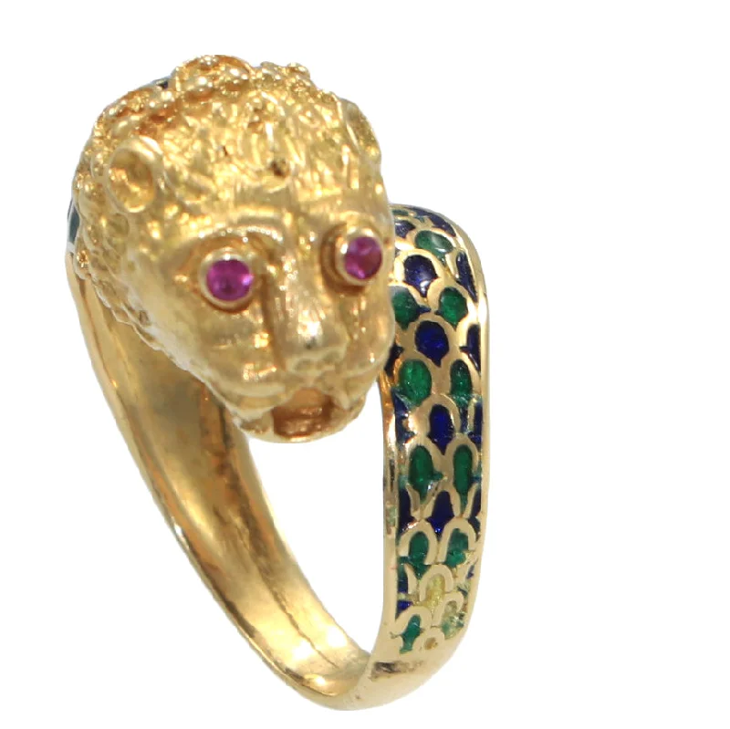 Lion Head Wrap Ring 18k Yellow Gold Green Blue Enamel Scales Ruby Eyes