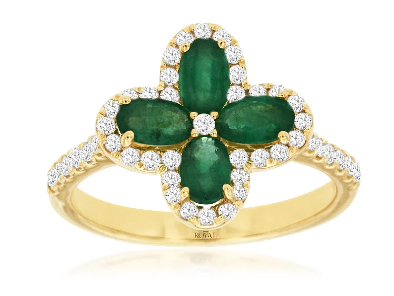 14K Yellow Gold Floral Emerald and Diamond Fashion Ring