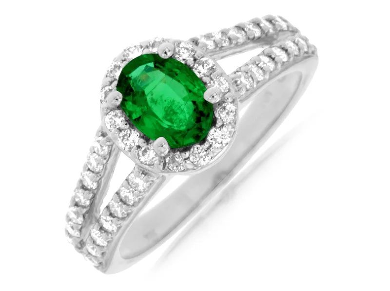 14K White Gold Emerald and Diamond Halo Ring