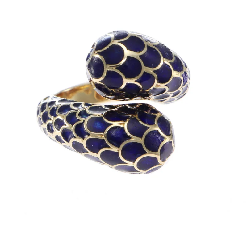 Naga  Blue Enamel Bypass Band Ring Solid 18k Yellow Gold Womens Vintage Estate