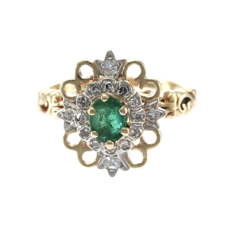 Natural Emerald Diamond Crusades Cross Flower Cocktail Ring 14k Yellow Gold