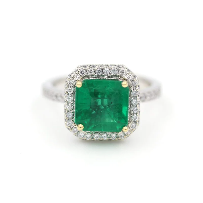 Octagonal Step Cut Emerald in Pave Diamond Double Cut-Corner Square Halo Ring