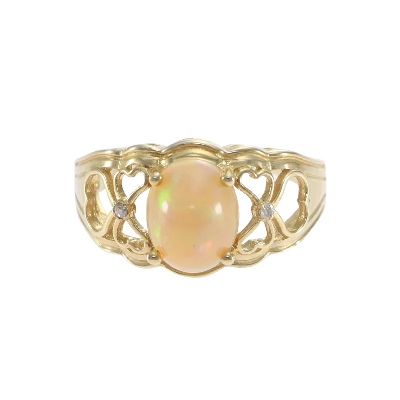 Oval Ethiopian Opal Diamond Cocktail Ring 14k Yellow Gold Open Bow Heart Accent