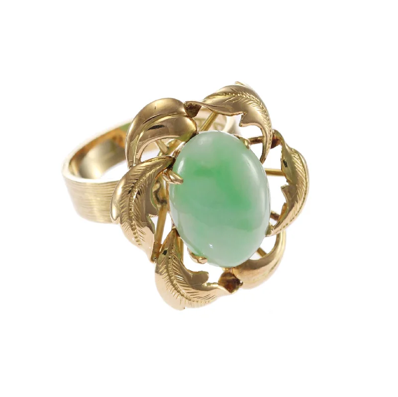 Oval Green Jadeite Jade Floral Cocktail Ring 14k Yellow Gold 5CTW Womens 5.25